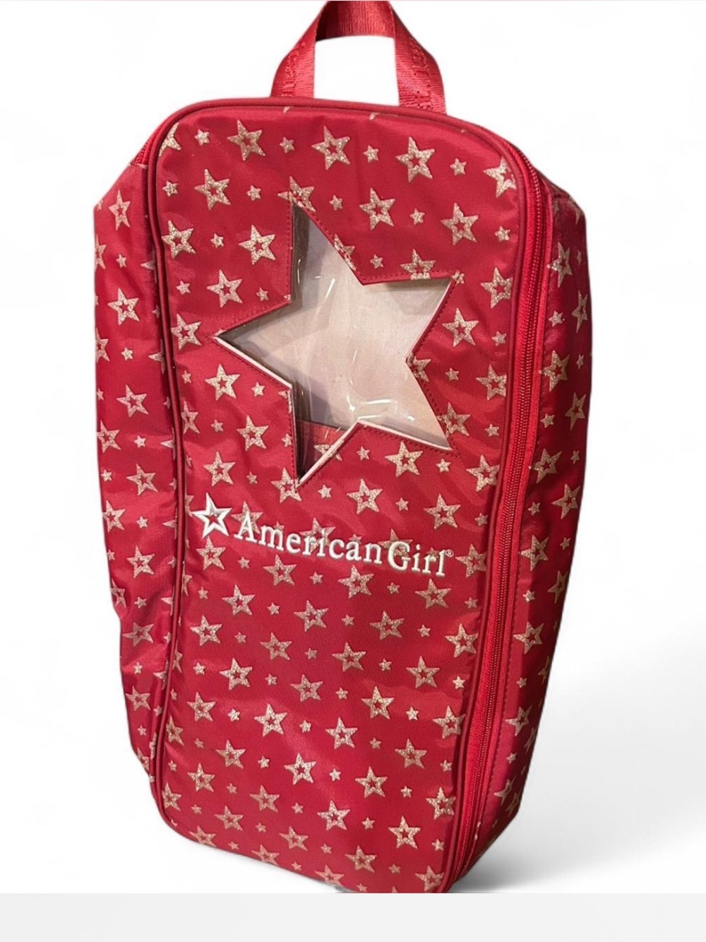 American Girl Red Star-Print Doll Carrier with Clear Star Window
